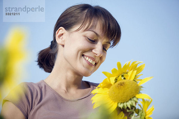 Eine Frau  die auf Sonnenblumen herabblickt.