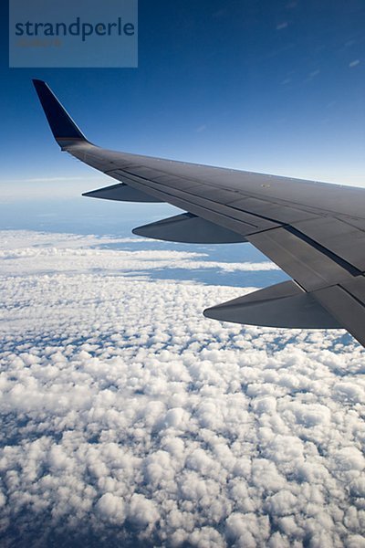 Der Flügel der ein Flugzeug und blau Himmel.