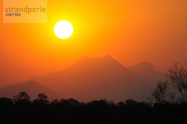 Sonnenuntergang  Drakensberg  Garonga Safari Camp  größere Makalali Conservancy  Limpopo  Südafrika  Berge  Silhouetten  Landschaft  scenic  Landschaft  orange  Bäume  trüb  Haze  Natur  Sonne