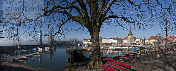 Port  Böschungen  Lindau Stadt  Hafen  Haefen  am Bodensee  Bayern  Deutschland  Stadt  Wasser  Winter  See  Kleinstadt  Baum  Bänke  Leuchtturm