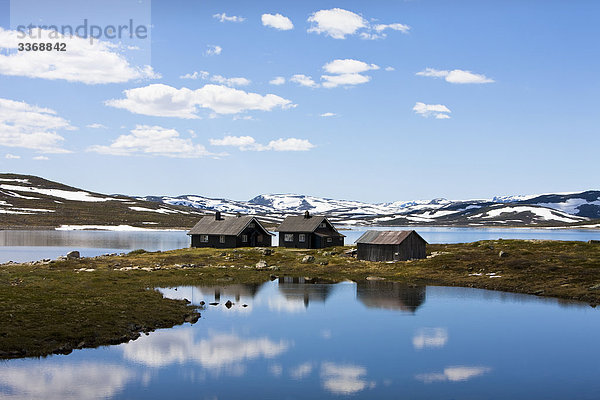Wasser Hütte Urlaub Wohnhaus Gebäude Reise Spiegelung Norwegen Fjord Skandinavien Tourismus