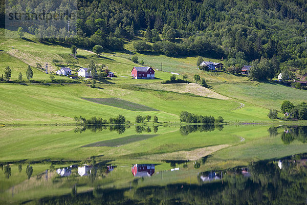 Landschaftlich schön landschaftlich reizvoll Urlaub Wohnhaus Gebäude Reise Wald See Meer Holz Norwegen Voss Wiese Skandinavien Tourismus