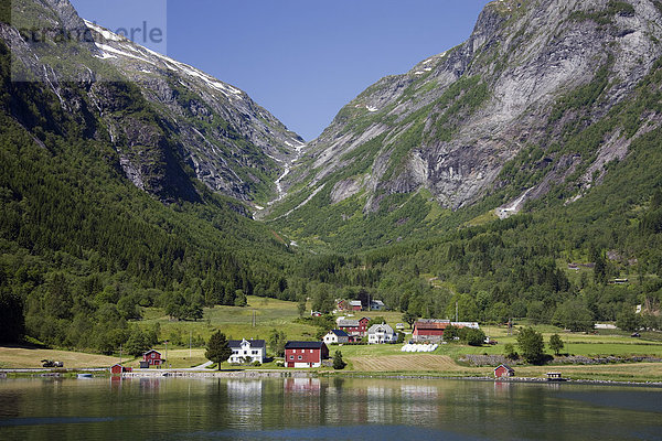 Landschaftlich schön landschaftlich reizvoll Wasser Berg Urlaub Wohnhaus Gebäude Reise Norwegen Fjord Skandinavien Tourismus