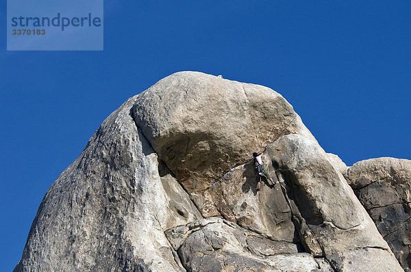 Rock Climber auf Monzonit Granit Felswand  Joshua Tree Nationalpark  Kalifornien  USA  April 2009