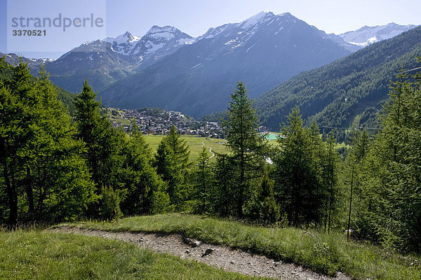 Landschaftlich schön landschaftlich reizvoll Berg Baum Wald Natur Holz Platz Saas Fee Schnee schweizerisch Schweiz Kanton Wallis