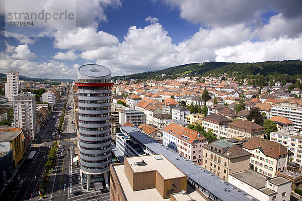 bauen Wolke Wohnhaus Himmel Gebäude Stadt Großstadt Architektur Turm Draufsicht schweizerisch Schweiz