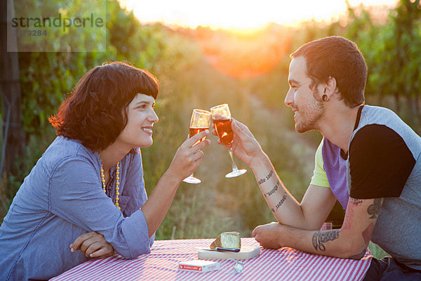 Paar Toast mit Gläsern Wein im Feld