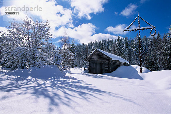 Maibaum durch eine Hütte im Winter  Schweden.
