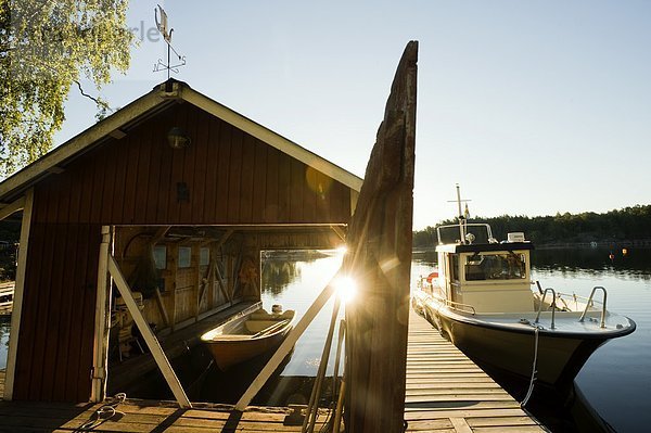 Stockholm Hauptstadt Wohnhaus Morgendämmerung Boot Inselgruppe Schweden