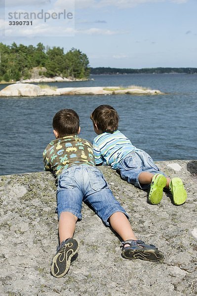 Zwei jungen liegen auf einem Felsen  Schweden.