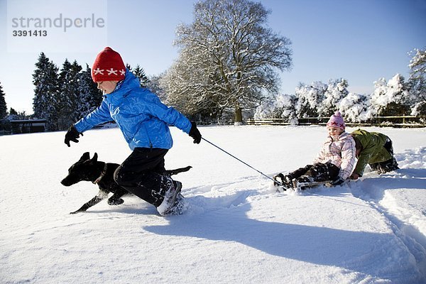Kinder spielen auf dem Schlitten im Schnee