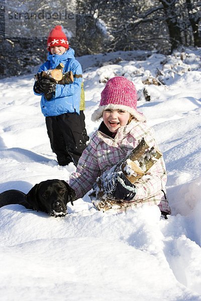 Kinder und Hunde sammeln Holz im Schnee