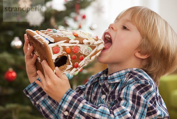 Junge isst Lebkuchenhaus