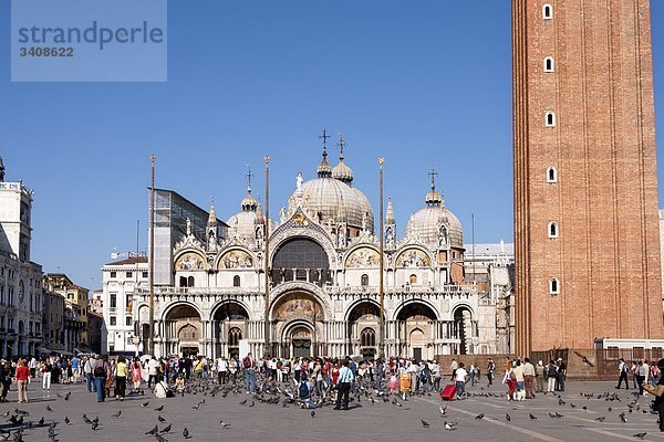 Touristen auf dem Markusplatz vor dem Markusdom  Venedig  Italien