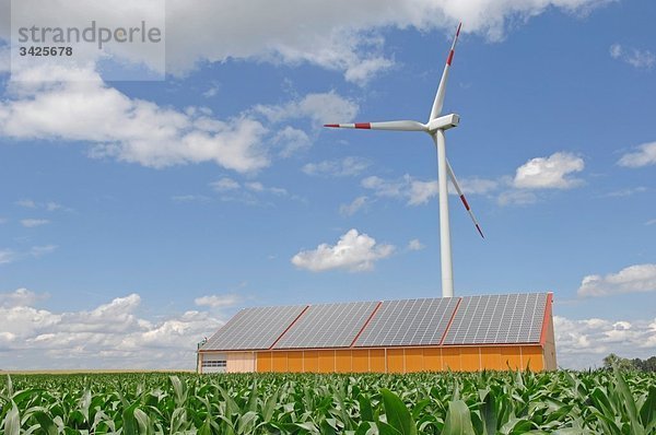 Deutschland  Baden-Württemberg  Merklingen  Solarzellen und Windkraftanlage auf dem Dach