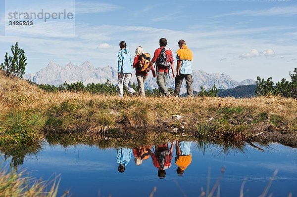 Österreich  Salzburger Land  Vier Wanderer in der Landschaft  Rückansicht