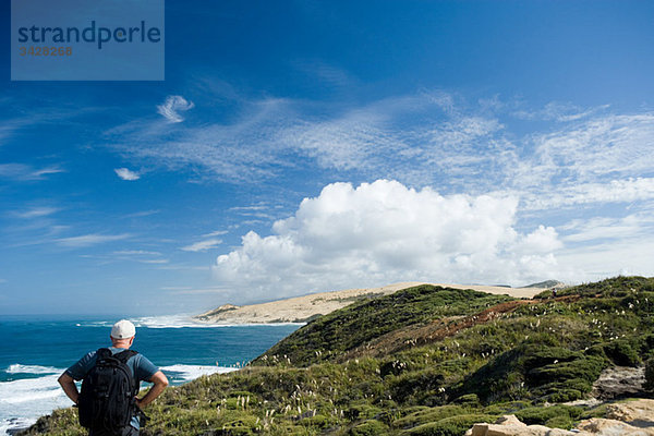 Wanderer mit Blick auf die Bucht von Hokianga Harbour