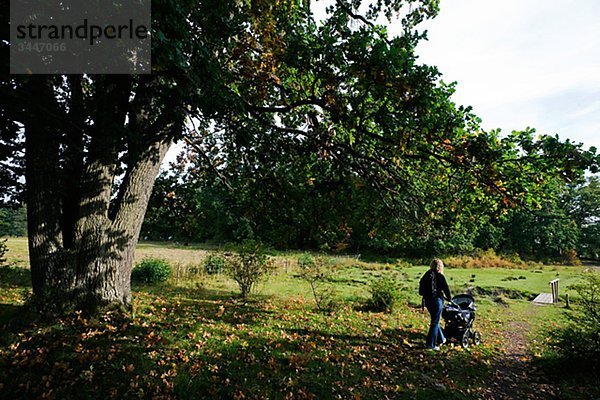 Eine Frau mit Kinderwagen