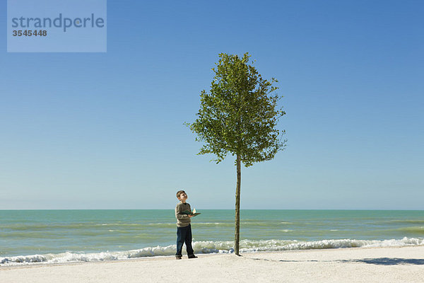 Junge steht am Strand mit offenem Buch in den Händen und bewundert den Baum  der im Sand wächst.