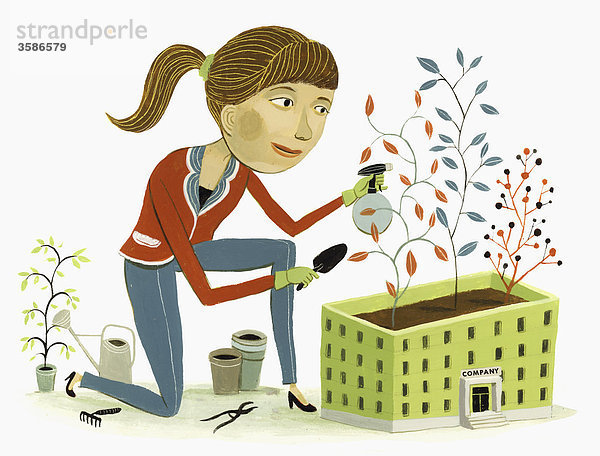 Frau pflegt Pflanzen auf Dach einer Firma