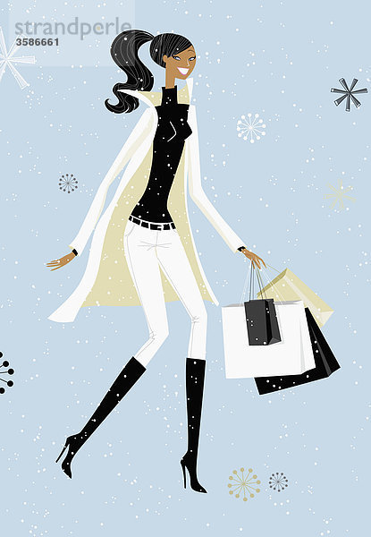 Schneeflocken fallen auf Frau mit Einkaufstaschen