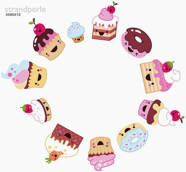 Cupcakes  Muffins und Donuts mit Gesichtern bilden einen Kreis