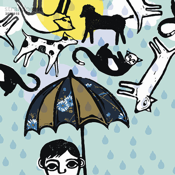 Katzen und Hunde regnen auf Mann mit Schirm