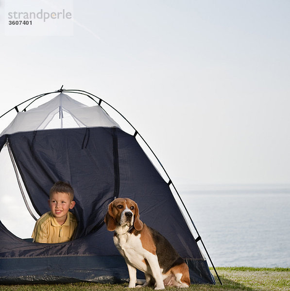 Junge mit Hund im Zelt auf dem Seeweg