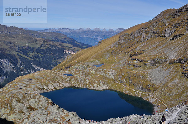 Panorama Landschaftlich schön landschaftlich reizvoll Berg gehen Weg Mensch Natur wandern Alpen Herbst blau Ansicht Wanderweg Bergsee Schweiz