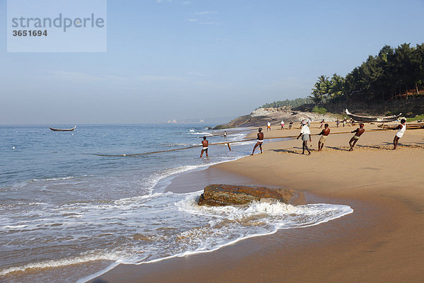 Fischer ziehen Netz ein  Strand südlich von Kovalam  Malabarküste  Malabar  Kerala  Südindien  Indien  Asien
