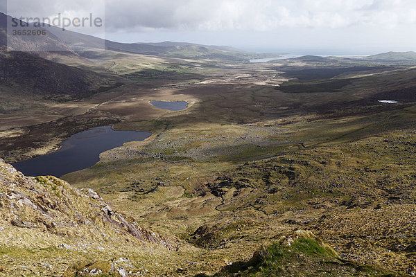 Blick vom Connor Pass zur Brandon Bay  Dingle Halbinsel  County Kerry  Irland  Britische Inseln  Europa