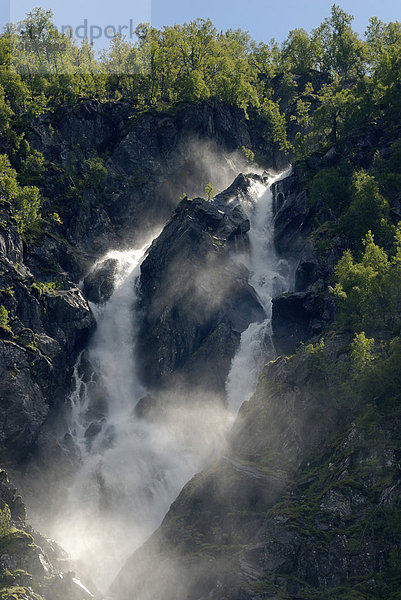 Zwilllings-Wasserfall  Doppelwasserfall Buer im Buardalen  am Buarbreen bei Odda  Provinz Hordaland  Norwegen  Europa