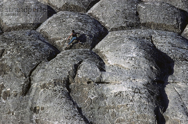 Kletterer an einer wabenförmigen Felsformation bei Toulon  Frankreich  Europa