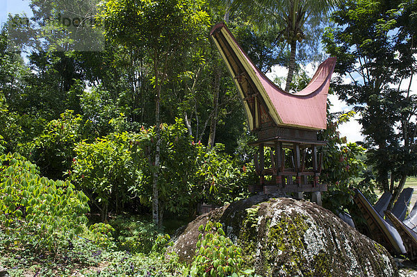 Zeremonienplatz mit Megalithen und traditionellen Toraja-Häusern  Kalimbuang Bori'  in der Nähe von Rantepao  Sulawesi  Indonesien  Südostasien