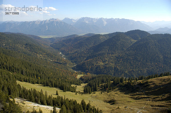 Bewaldetes Tal Finzbachtal vor der Bergkulisse Karwendelgebirge Bayerische Alpen Oberbayern