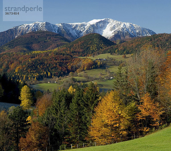 Bauernhöfe und der Schneeberg der höchste Berg mit 2075 m von Niederösterreich hier vom Piestingtal aus gesehen
