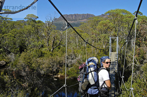 Wanderer vor Hängebrücke am Overland Track im Cradle Mountain Nationalpark Tasmanien Australien