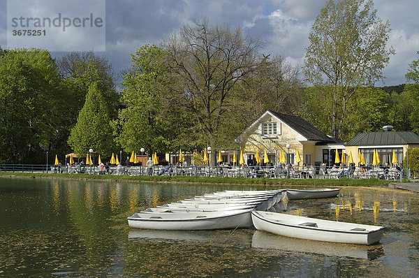 Ruderboote auf dem Teich im doblhoffpark dahinter Restaurant Kurstadt Baden Niederösterreich