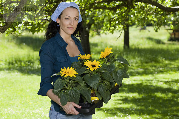 Frau mit Sonnenblumen im Garten