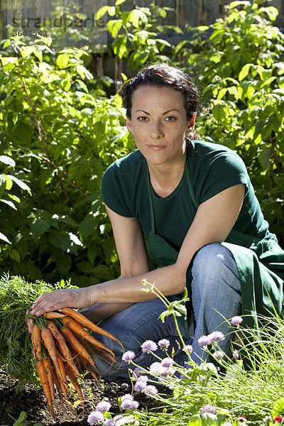 Frau im Garten beim Karottenpflücken