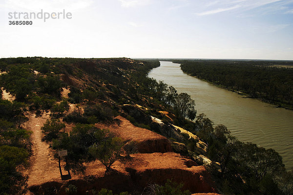 Murray River  Steilufer mit roten Felsen und Eukalyptus Bäumen am Ufer. Paringa  Riverland  Süd Australien  Abendlicht