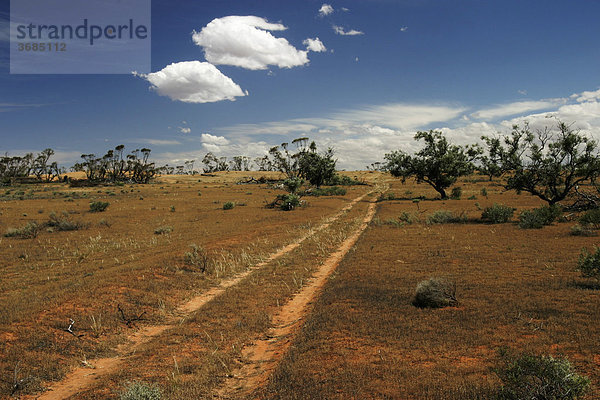 Staubige Sandpiste durch das Buschland Süd Australiens  Himmel mit Wolkenstimmung