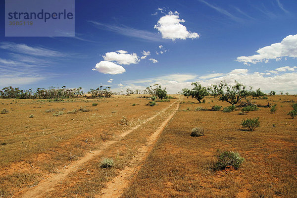 Staubige Sandpiste durch das Buschland Süd Australiens  Himmel mit Wolkenstimmung