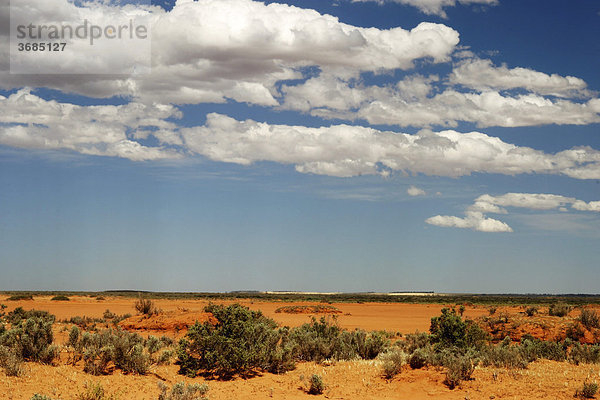 Wüste mit Buschwerk und trockener roter Erde  Himmel mit Wolkenstimmung  Süd Australien