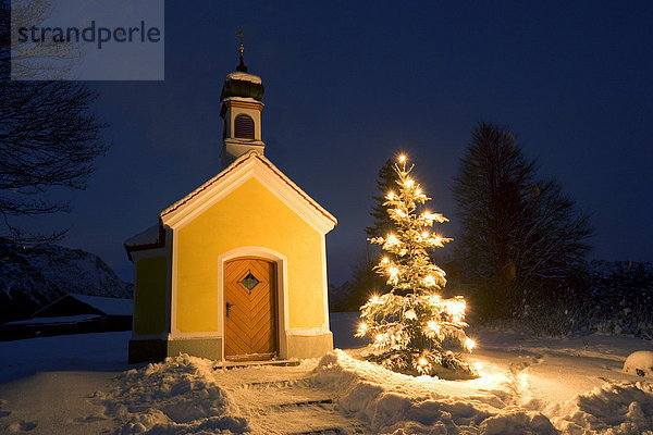 Kapelle mit Christbaum in der Dämmerung Oberbayern Deutschland