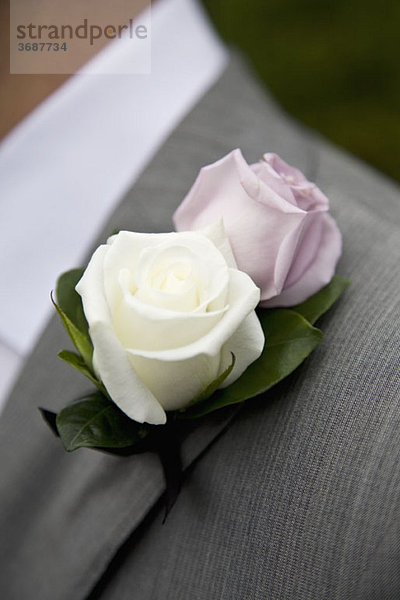 Detail einer Rose boutonniere auf einem Jackenaufschlag