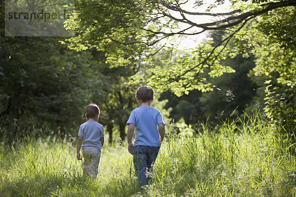 Zwei kleine Jungen  die im Sommer im Freien spazieren gehen.