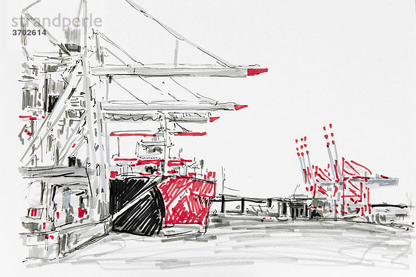 Container Terminal im Hamburger Hafen  Hamburg  Zeichnung  Künstler Gerhard Kraus  Kriftel