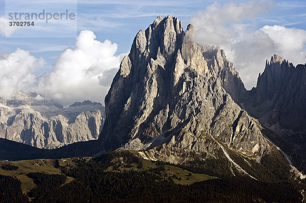 Blick über die Seiser Alm auf den Langkofel  hinten die Sella-Gruppe  Dolomiten  Südtirol  Italien  Europa