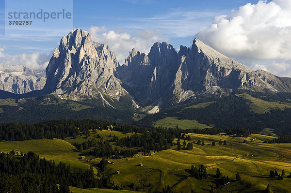 Blick über die Seiser Alm  Richtung Langkofel und Plattkofel  dahinter die Sella-Gruppe  Dolomiten  Südtirol  Italien  Europa